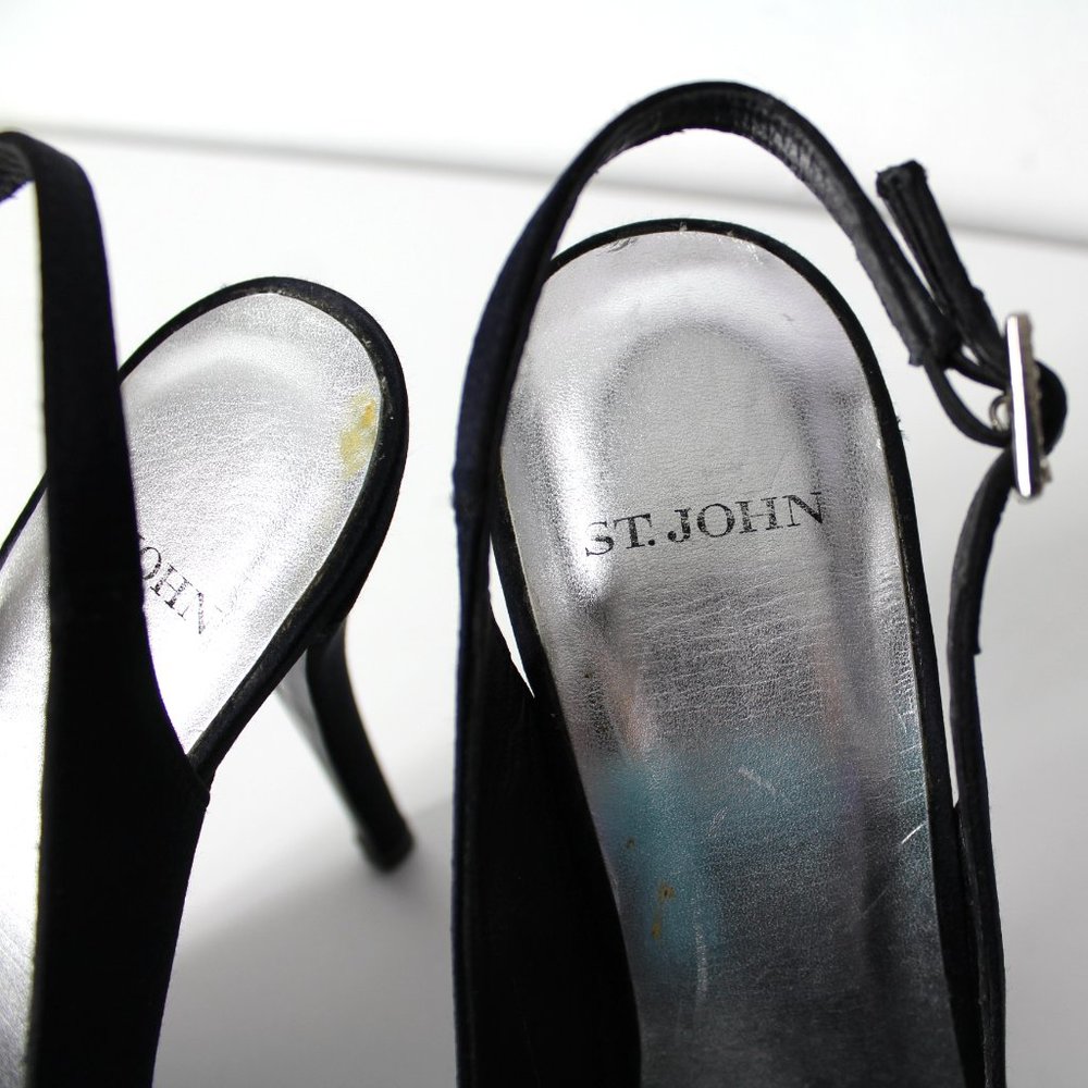 St John Black Satin Peep Toe Slingback Evening High Heels Bow Jeweled Shoes 6M - Picture 10 of 15